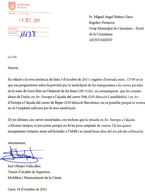 Respuesta escrita del Ayuntamiento de Gav a la demanda de C's-Gav de instalacin de marquesinas en las 7 nuevas paradas de autobs de la avenida del mar de Gav Mar (18 de Octubre de 2011)